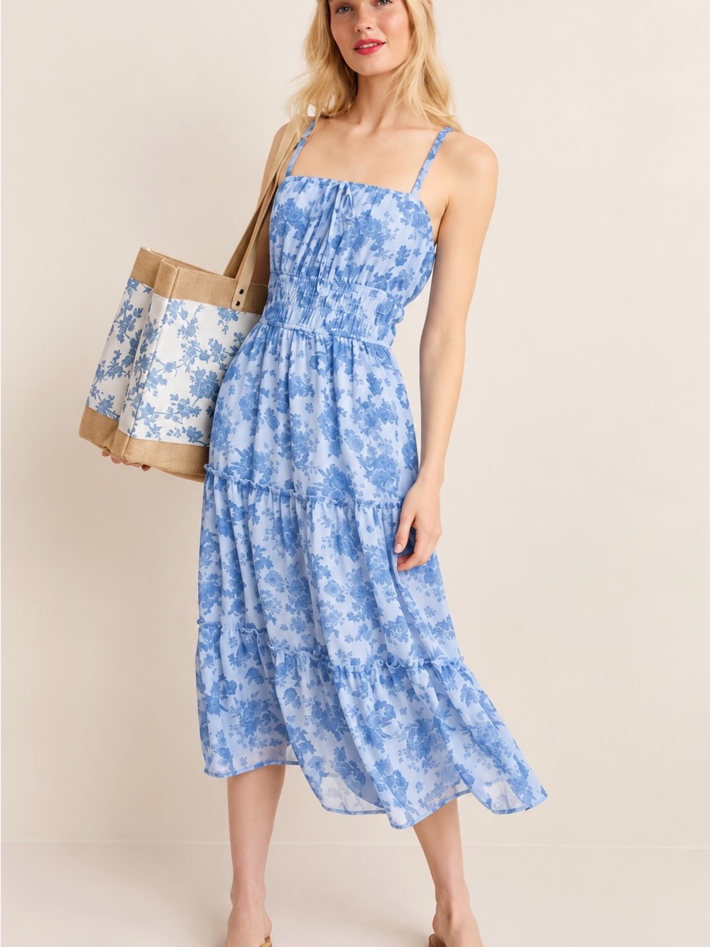 Smocked Square-Neck Blue Floral Midi Dress
